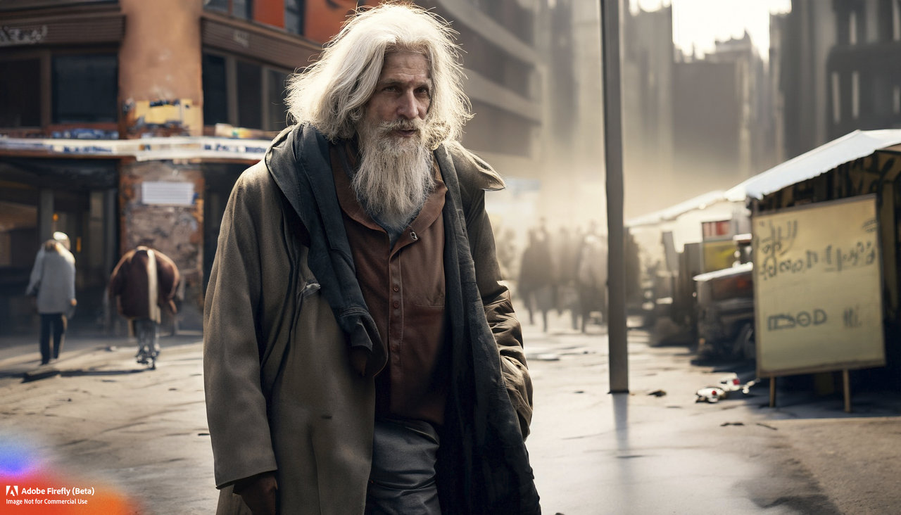 Firefly picture of messy haired homeless man walking on the street by justin gerard and greg r...jpg