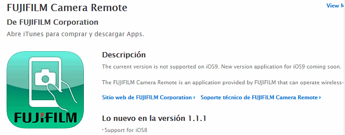 Compatibilidad de Fujifilm Camera Remote con iOS 9