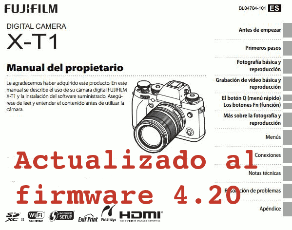 Manual de la Fuji X-T1 4.20 en español.