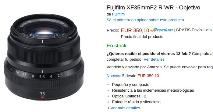 El objetivo Fujinon XF 35mm F2 R WR, por 359 euros en Amazon.