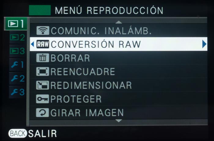 Menú conversión RAW en la Fuji X-E2S.