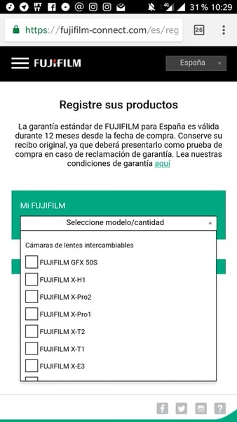 Registro de productos en garantía en Fujifilm Connect a través del smartphone.