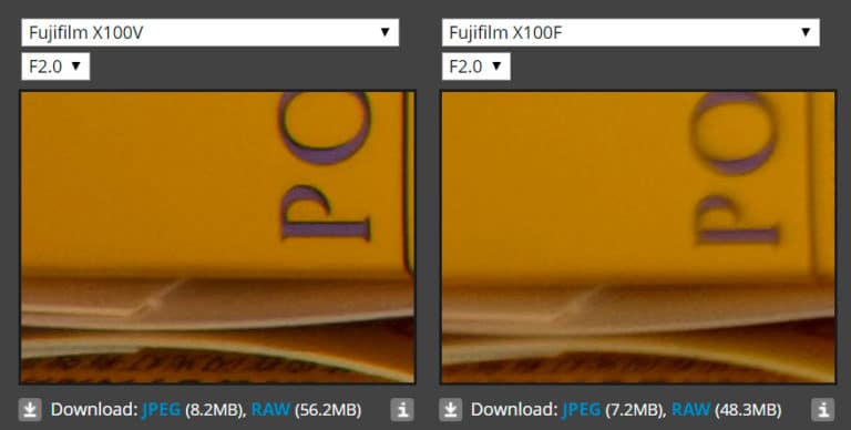 Comparativa de calidad de imagen en las esquinas: X100V frente a X100F. Captura de pantalla vía DPReview.