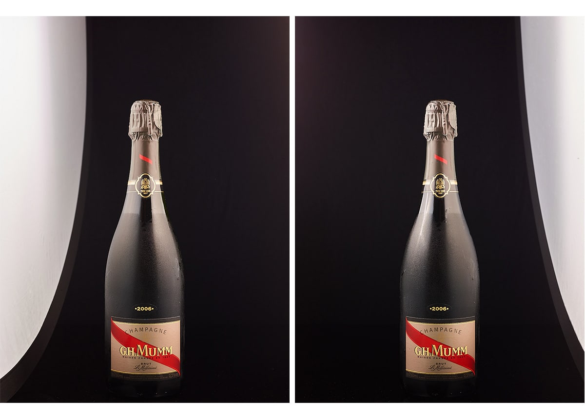 Perfil derecho e izquierdo de la iluminación de la botella de champán, por Nacho Gutiérrez.