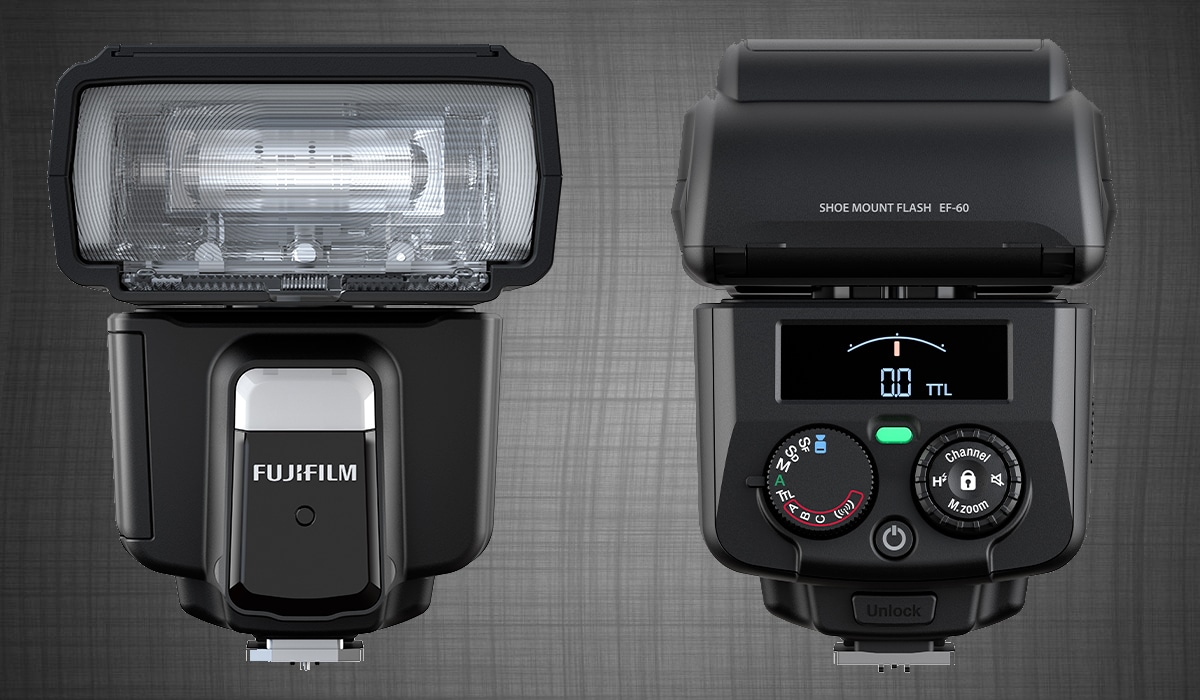 Flash Fujifilm EF-60 en sus vistas frontal y trasera.