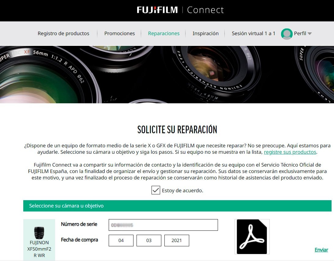 Pantallazo del proceso de reparación de objetivo en garantía a través de Fujifilm Connect.
