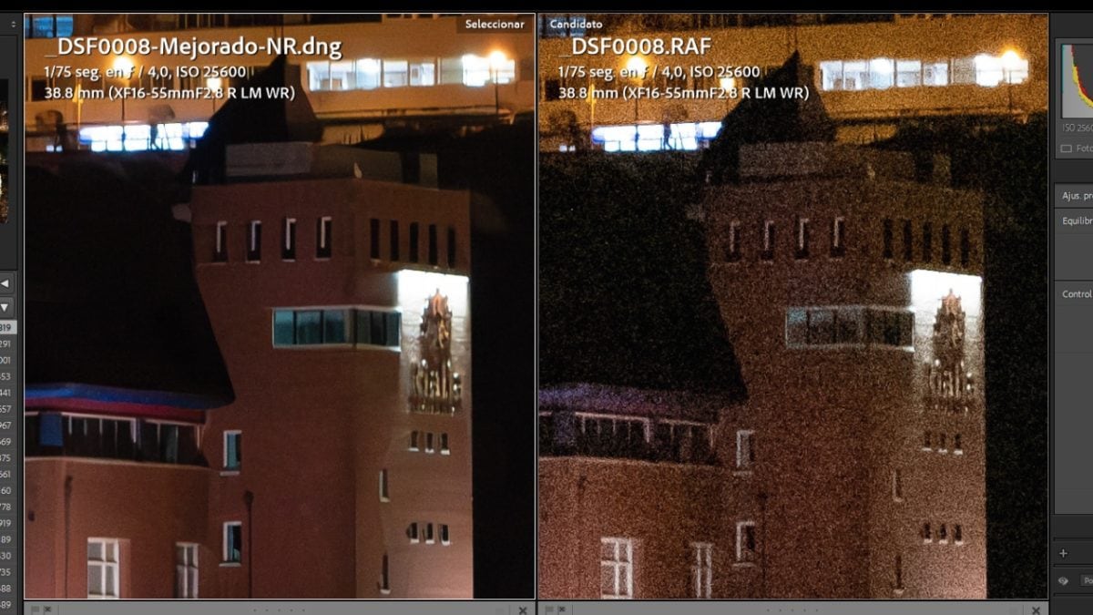 Comparativa de Jon del Rivero entre los resultados del Lightroom con reducción de ruido por IA frente a la reducción de ruido clásica.