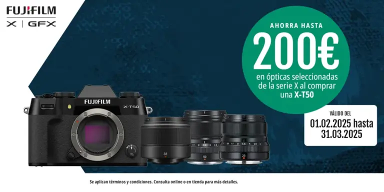 Promociones febrero / marzo de 2025 de Fujifilm España: descuentos en ópticas GFX y «combo X-T50»